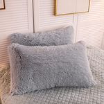 LIFEREVO 2 Pack Shaggy Plush Faux Fur Pillow Shams Velvet Reverse,Decorative Throw Pillow Covers,Fluffy Pillowcases with Zipper Closure for Couch,Sofa,Bed,King Size(Gray,20"x36")