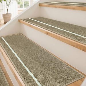 JSEI Stair Treads for Wooden Steps with Glow-in-the-Dark Stripe Indoor, Non-Slip Washable Carpet Stair Treads with TPE Backing, 15 Pack, 9" x 28", Beige