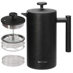 Secura Cafetière French Press Coffee Maker, Stainless Steel Insulated Coffee Press with 3-Layered Stainless Steel Filter Structure, Included 2 Extra Screens, 1 Litre, Matte Black