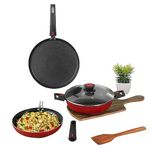 Vinod Connect Non Stick Detachable Cookware Combo Set of 3 with Bakelite Handle (3mm Thickness)- 24cm Kadai with Glass lid 2.5 Litre / 24cm Frypan / 28cm Dosa Tawa, Induction and Gas Base Red