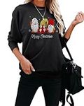 LACOZY Women Christmas Santa Claus Crewneck Sweatshirt Sweater Plaid Print Long Sleeve Shirt Three Santa Claus Black XL