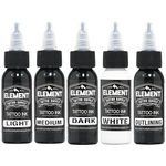Element Tattoo Supply Greywash Tattoo Ink Set Light Medium Dark Blend Nighthawk Black Element White Formula for Shading Outlining Mixing Tattoo Work 1oz Bottle 5 Bottles