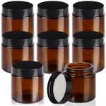 Belle Vous 8 Pack of Round Amber Glass Jars and Black Screw-On Lids - 120ml/4oz - Empty Refillable Leakproof Containers/Pots for Cosmetic Storage, Lotion, Face Cream, Essential Oils, Ointment & Makeup