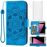 Asuwish Phone Case for Samsung Galaxy S7 Wallet Cover with Tempered Glass Screen Protector and Leather Flip Credit Card Holder Stand Flower Cell Accessories S 7 7s GS7 SM-G930V G930A Women Men Blue