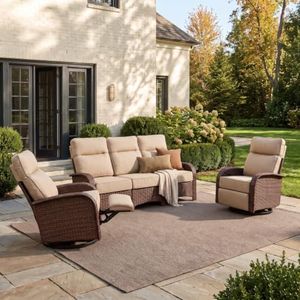 VELSCAPE Resort-Grade Recliners Patio Furniture, 6.2" Thick Cushions, V2.0 | Heavy Duty 3PC Patio Recliner Set, Dual-Adjust 3-in-1 Glide Swivel Recliner, Easy Assembly, 28D High-Density Cushion, Beige