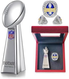 LANGE HOME Fantasy Football Trophy&Fantasy Football Ring with High-Grade Wooden Box - Chrome Replica Championship Trophy - First Place Winner Award for League