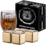 4 Large Whiskey Stones 64 cm³ (4 cu in) - Man Gift Set - Reusable Stainless Steel Metal Ice Sphere Cubes Beverage Chilling Rocks Whiskey Stones for Red Wine, Bar Beer, Scotch, Vodka Drinks - Gold