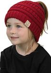 Funky Junque Kids Messy Bun Ponytail Winter Knit Hat Girls Beanie Tail - Red