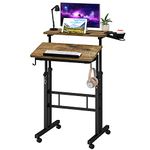 Klvied Mobile Desk with Cup Holder, Portable Rolling Desk, Adjustable Height Small Standing Desk, Stand up Desk on Wheels, Home Office Laptop Cart, Computer Desk for Standing or Sitting,Oak