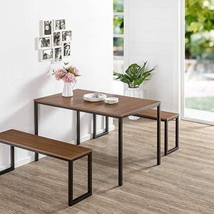 Zinus Louis Modern Studio Soho White Dining Table Set with Two Benches | 3 Pieces Dining Set | Easy Assembly Industrial Dining Table Furniture, Brown Black