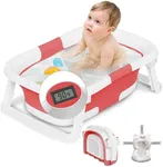 napei Collapsible Baby Bathtub,Baby Bath Tub with Soft Cushion & Thermometer,Baby Bathtub Newborn to Toddler 0-36 Months,Portable Travel Baby Tub,Drak Red