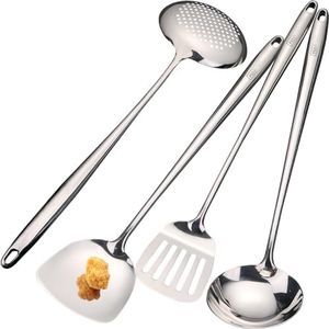 MARTE 17’’ 304 Cooking Utensils Set Stainless Steel - Set of 4 Heat-Resistant Wok Tools - Mirror Polished Wok Spatula, Soup Ladle, Slotted Turner Spatula, Skimmer Spoon