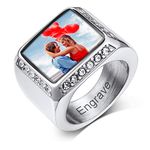 Custom Stainless Steel Square Shaped Signet Ring Cubic Zirconia CZ Bling Bling Size 7 with Picture Photo Rings Engraved Memorial Jewelry Gifts for Men