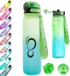 Live Infinitely 34 oz Gym Water Bottle with Time Marker - Fruit Infuser Screen BPA Free 1 Liter Water Bottle - Locking Flip Top Lid & Durable Travel Bottle Coating (Lilypad 34oz)