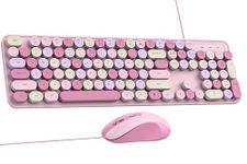 Dr Luxur® Mysterio Wired Typewriter Round Key Keyboard and Mouse Combo, 104 Keys, 50 Million Keystrokes, Colourful Round Keycaps, with 3 DPI Mouse for Windows, Mac, PC (Pink)