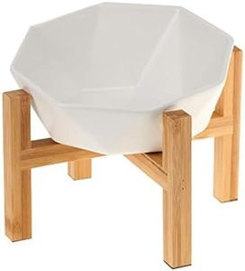 White with Stand Ceramic Tilted Elevated Raised Pet Bowl with Bamboo Stand for Cats and Dogs No Spill Pet Food Water Feeder