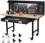 ACONEE 60" Adjustable Workbench with Drawer Storage, Heavy-Duty Worktable with Pegboard & Power Outlet, Solid Steel Frame, 2000LBs Load Capacity Rubber Wood Top Workbench for Garage, Office, Workshop