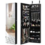 COSTWAY LED Lights Jewelry Cabinet, Door Hanging/Wall Mounted Jewelry Armoire with Full Length Mirror, Lockable Cosmetics Jewellery Storage Organiser Unit for Bedroom Dressing Room (Black)