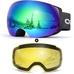 Odoland Ski Goggles, OTG and UV Protection Snowboard Goggles with Magnetic Interchangeable Lens for Men & Women,Black Frame Green Lens