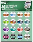 MAUD'S Coffee Lover's Variety Pack (16 Blend Variety Pack), 40ct. Solar Energy Produced Recyclable Single Serve Variety Pack Coffee Pods - 100% Arabica Coffee California Roasted, KCup Compatible