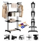 INN-VENTORE 3 Layer Heavy Duty All Season Cloth Drying Stand/Space-Saving Foldable Stand for Balcony/Stainless Steel Double Pole Rack (Black) Includes Accessories-Hammer,Screw Driver &10Pcs Clips