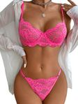 Kaei&Shi Sexy Bra and Panty Sets,Underwire Mesh Floral Lace Lingerie for Women,Thong Sheer Matching Two Piece Sexy Lingerie Set Boudoir Neon Pink Medium