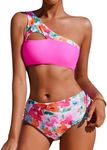 AI'MAGE Women's Bikini Sets Reversible Wear Cutout One Shoulder Top with Mid Waist Two Piece Bathing Suit Hot Pink L