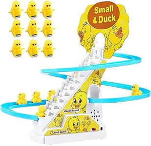 JOYGETIN Small Ducks Climbing Toys,Electric Duck Climbing Stairs Tracks Slide Toy Set,Duck Roller Coaster Toy with Flashing Lights & Music On/Off Button