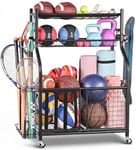 PLKOW Sports Equipment Storage for Garage, Indoor/Outdoor Sports Rack for Garage, Ball Storage Garage Organizer with Basket and Hooks,Toy/Sports Gear Storage (black)