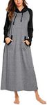 Ekouaer Sleepwear Women Long Sleeve Hooded Nightgown Contrast Color Full Length Loungewear with Pocket Dark Grey