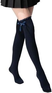 TOCONFFON Women's Girls Thigh High Stockings Over the Knee Socks with Satin Bows(Navy,One Size)