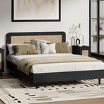 Oikiture Double Bed Frame with Rattan Headboard Plywood Slats Bed Base Black