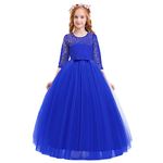 IWEMEK Flower Girls 3/4 Sleeve Floral Lace Tulle First Communion Pageant Dresses Kids Big Girls Princess Birthday Carnival Christmas Bridesmaid Wedding Party Prom Ball Gown Royal Blue 9-10 Years