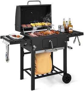 GOPLUS Barbacoa de carbón vegetal con tapa, carro de barbacoa con 2 ruedas con 2 mesas laterales plegables, 8 ganchos, termómetro y abrebotellas, barbacoa para picnic, fiesta, camping, jardín y