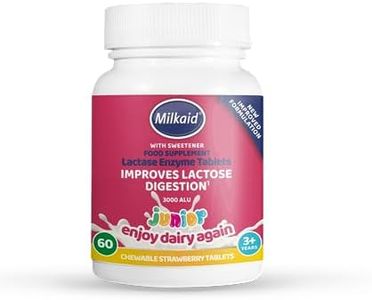 Milkaid Junior Lactase Enzyme Chewable Tablets For Lactose Intolerance Relief | Prevents Gas, Bloating, Diarrhea In Children| Fast Acting Dairy Digestive Supplement For Kids| Strawberry Flavor | 60 ct