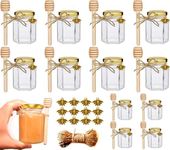 Adabocute 4oz Hexagonal Honey Jars - Glass Honey Jars with Gold Lids, Wooden Dippers, Bee Charms and Jutes - Hexagon Honey Jars for Baby Shower, Wedding and Party Favors, 12 Pack