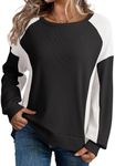 Dokotoo Oversized Sweatshirt for Women Waffle Knit Patchwork Color Block Crew Neck Long Sleeve Casual Loose Fit High Low Cute Lightweight Soft Pullover Sweatshirts Fall Tops Fashion 2024 Black Large