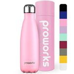 Proworks Performance Stainless Steel Sports Water Bottle | Double Insulated Vacuum Flask for 12 Hours Hot & 24 Hours Cold Drinks - Great for Home, Work, Gym & Travel - 500ml - BPA Free – Pastel Pink