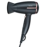 Beurer HC25 Ionic Hair Dryer for Travel with Voltage Switch 1600W Anti Frizz Blow Dryer, Foldable Handle, Lightweight Styler, Nozzle Attachment, Black and Rose Gold