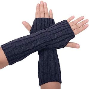 Flammi Women's Cable Knit Arm Warmers Fingerless Gloves Thumb Hole Gloves Mittens (Navy Blue)