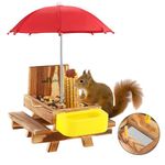 MIXXIDEA Wooden Squirrel Feeder Table with Water Bowl, Squirrel Picnic Table for Outside with Umbrella, Brown Squirrel Feeder with Corn Cob Holder Cute Chipmunk Feeder (Brown)