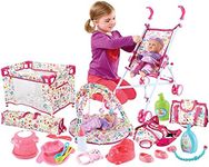 deAO Kids Baby Doll Stroller Nursery Role Play Set with a Variety of Feeding Toy and Play Mat Travel Cot Baby Carrier Stroller and Travel Bag