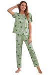 SMOWKLY Printed Round Neck Short Sleeve Nightsuit Set | Pajama Set | Night Dress for Women (1024_GRN_M) Mint Green
