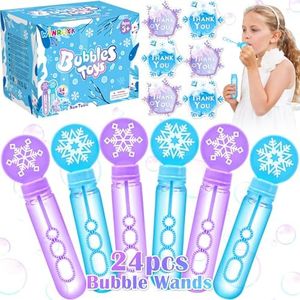 Winrayk Frozen Party Favors Bubble Wands for Kids, 24 Medium Snowflake Bubble Wand Bulk with Gift Card, Pinata Filler Goody Bag Stuffer Classroom Prize Girls Winter Elsa Frozen Birthday Party Supplies