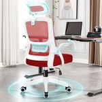 ELFORDSON Ergonomic Office Chair with Flip-up Armrest for Home Office, Computer Mesh Desk Chair with Headrest Lumbar Support Swivel Work Chairs, Red and White