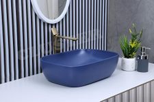 CLUSTER Designer Table Top Wash Basin For Bathroom | Countertop Bathroom Sink | Ceramic Bathroom Basin | Over Counter Wash Basin for Hotel, Resturent (18 x 13 x 5 Inch) (Blue)