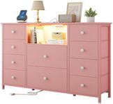 LDTTCUK Dresser with Charging Station and LED Lights, Pink Dresser for Girls Bedroom, Bedroom Long Dresser TV Stand with 10 Drawers, Fabric Wide Dresser Storage Organizer for Hallway, Kids Room