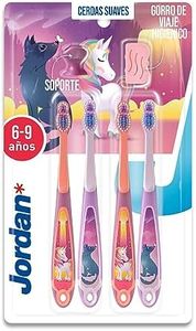 Jordan - Cepillo de dientes para niños de 6 a 9 años, cepillo de dientes para niños de 6 a 9 años | cerdas suaves, mango doble ergonómico y libre de BPA | Color rosa y azul | Pack 4 unidades