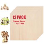 Basswood Plywood Sheets for Crafts 1/16"(1.5mm) x12"x12", 12 PCS Thin Plywood Wood Sheets for Laser Cutting and Engraving, Wood Burning, Craft Wood Pieces Blanks for Architectural Models Cricut Maker