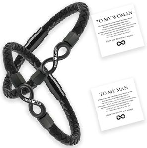 MEONFY to My Man/Woman Bracelet, Personalized Dual Name Infinity Leather Bracelet, Matching Couple Love Promise Bracelet, Custom Name Stainless Steel Braided Cuff Bracelet for Men/Women (2 x Black)
